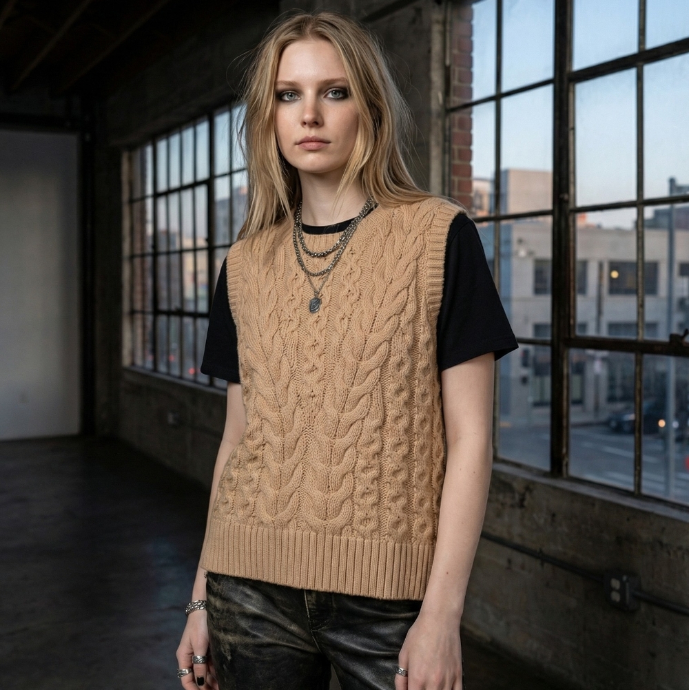 Nicole Miller Sand Cable Knit Sweater Vest - Size Small - Sleeveless V-Neck